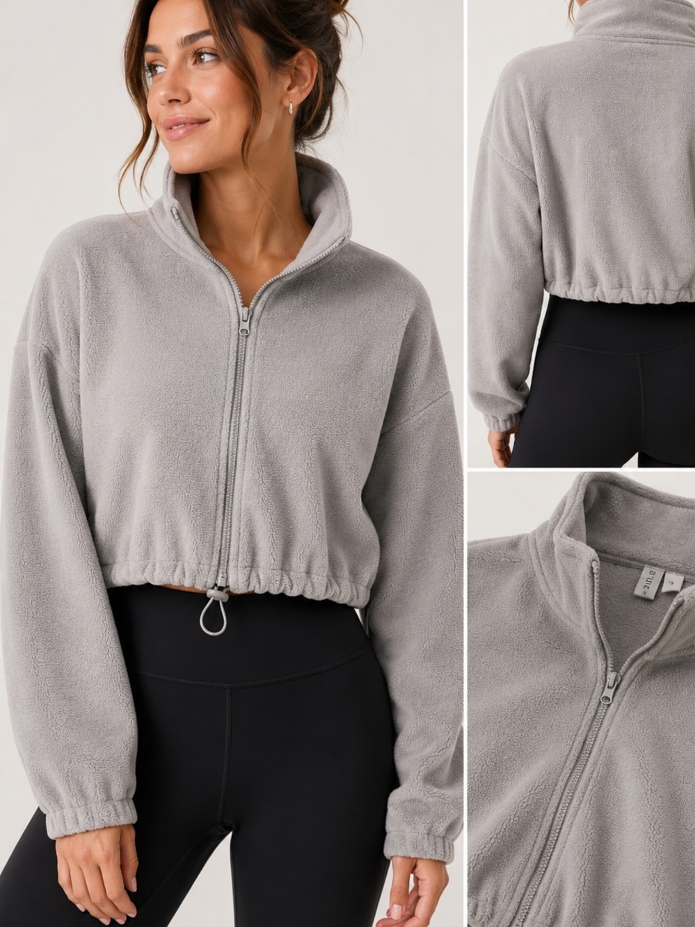 Cropped Gray Teddy Zip-Up Jacket with Drawcord Hem small